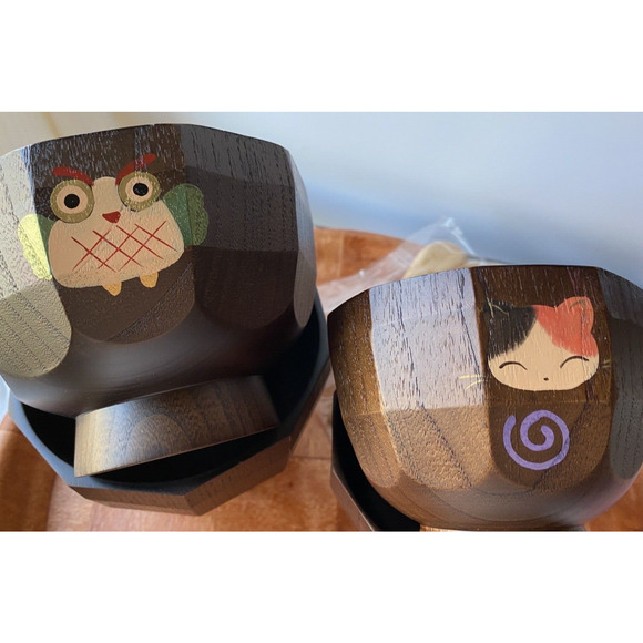 Acacia Wood Footed Rice Soup 4 Bowls Owl And Cat Graphics W/2 Small Spoons - Picture 11 of 12